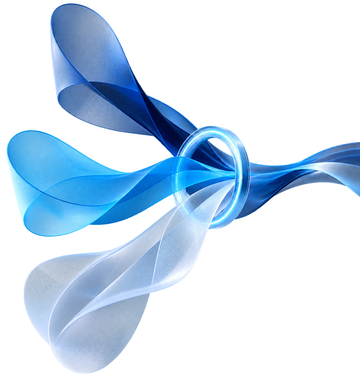 Three translucent blue forms converging into one clear direction