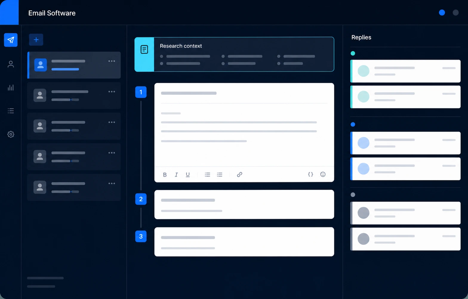 Illustrative Email Software platform showing research context, a sequence and replies